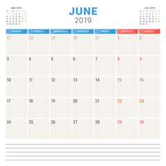 Calendar planner for June 2019. Week starts on Monday. Printable vector stationery design template