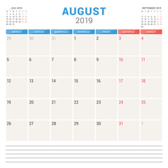 Calendar planner for August 2019. Week starts on Monday. Printable vector stationery design template