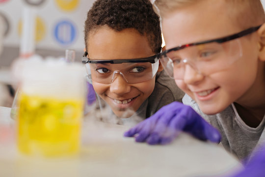 Good mood. The close up of two upbeat classmates smiling while observing the chemical reaction, leaning closer to the flask with fuming substance