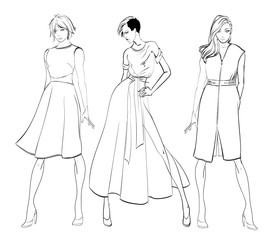 Stylish fashion models. Fashionable girls Sketch. Set of fashion girls on a white background.