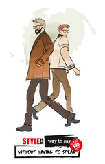 Fashion mans. Spring mans. Vector illustration with two male beaters and a fashionable quote.