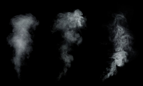 White smoke, fog collection isolated on black background.