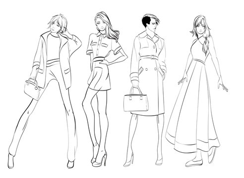 Stylish fashion models. Fashionable girls Sketch. Set of fashion girls on a white background.