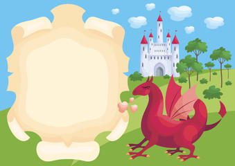 Colorful background with a picture of a parchment scroll, fairytale castle and dragon. Vector illustration.