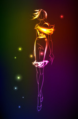 Hand-drawn fashion model from a neon. A light girl's. Fashion illustration.