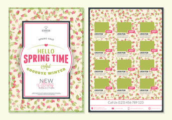 Spring sale catalog design. Business flyer template. Vintage badge with cute floral background