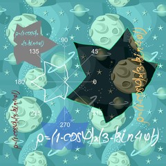 Math vector seamless texture with formulas, plots, geometric figures in shape of maple leaves on space background with moon, stars and planets. Square card, print for fabric, wallpaper.
