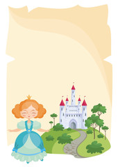 Colorful background with a picture of a parchment scroll, fairytale castle and a pretty Princess. Vector illustration.