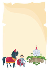 Colorful background with a picture of a parchment scroll, fairytale castle and Prince. Vector illustration.