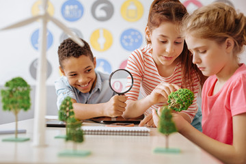 Studying thoroughly. Upbeat teenage students sitting at the table and examining a little tree model...