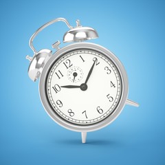 3D rendering metal alarm clock isolated on blue background