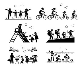 Family outdoor recreational activities. Stick figure pictogram depicts family in the park, riding bicycle together, playing at playground, hiking, outdoor bbq picnic, and enjoying themselves at beach.