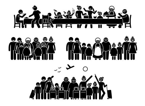 Big family and relatives reunion, gathering and activities. Stick figure pictogram depicts family and relatives getting together for a meal, vacation, and photo session together. 