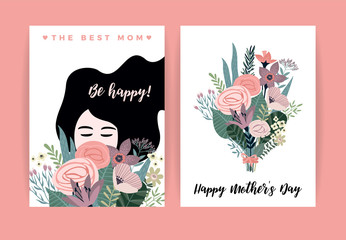 Happy Mothers Day. Vector illustration with woman and flowers.