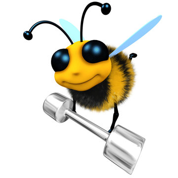 3d Funny cartoon honey bee character lifting a heavy metal dumbell