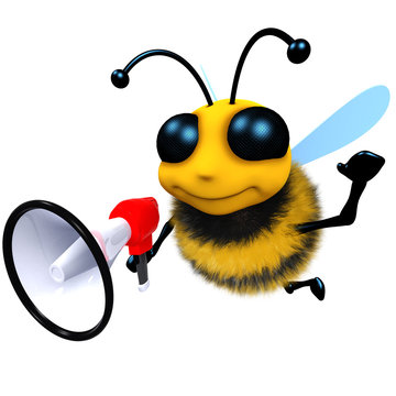 3d Funny cartoon honey bee character using a megaphone