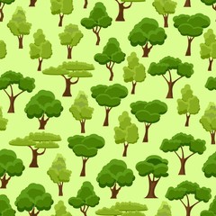 Seamless pattern with stylized trees. Cartoon garden green tree. Nature forest and park. Spring or summer trees. Vector illustration