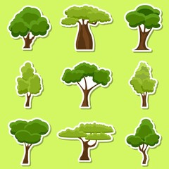 Fototapeta premium Set of flat stylized Tree stickers. Cartoon garden green tree icons. Nature environment organic forest and park. Spring or summer trees stickers. Vector illustration