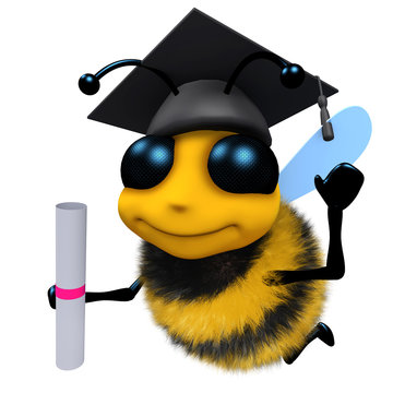 3d Funny cartoon honey bee character wearing a mortar board and holding a diploma