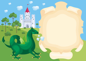 Colorful background with a picture of a parchment scroll, fairytale castle and dragon. Vector illustration.