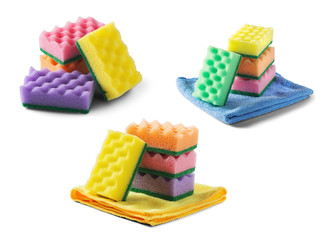 Set of 3 sponges for cleaning and rag napkin on white isolated white background. Items for cleaning the house. The idea of hygiene, safety and cleanliness.