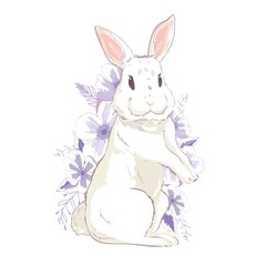 Happy Easter Bunny. Vector illustration for Easter greeting card, invitation with white cute rabbit on sky blue background.