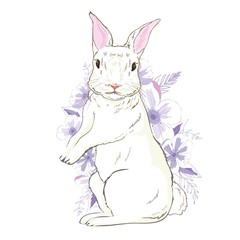 Happy Easter Bunny. Vector illustration for Easter greeting card, invitation with white cute rabbit on sky blue background.