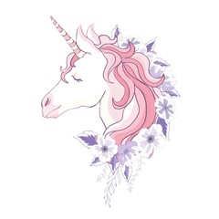 unicorn vector head with mane and horn on floral background.