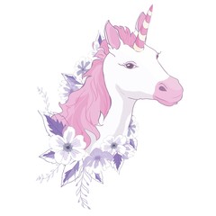 unicorn vector head with mane and horn on floral background.