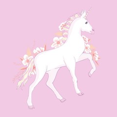 Obraz na płótnie Canvas unicorn vector head with mane and horn on floral background.