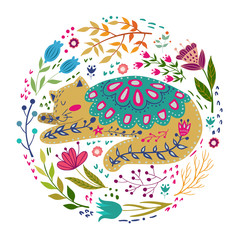 Folk set vector colorful illustration with beautiful cat and flowers. Scandinavian style.