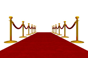red carpet and barrier rope on white background. Isolated 3D illustration