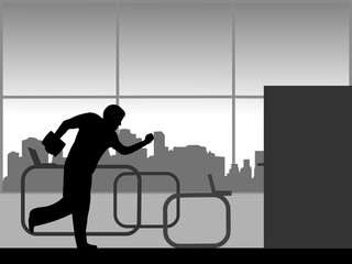 A man hurries from work and runs out of the office, one in the series of similar images silhouette 