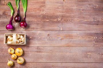 fresh onions on a wooden table background with copy space for text. wallpaper for grocery shopping and cooking food concept. top view, flat lay