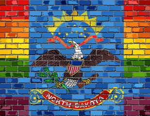 Brick Wall North Dakota and Gay flags - Illustration,
Rainbow flag on brick textured background, 
Abstract grunge North Dakota Flag and LGBT flag
