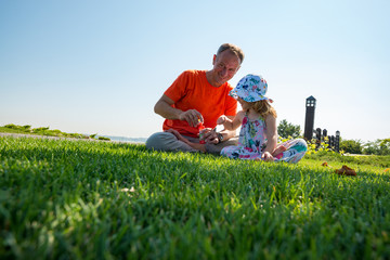 Joyful father with a small daughter are playing on a green meadow