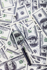 Magnifier on dollars.