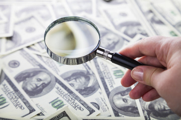 Hand with a magnifier and dollars.
