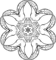 Black and white illustration of a mandala - a flower of life. Sacral leafs.