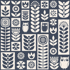 Scandinavian folk art seamless vector pattern with flowers, plants and owls on worn out texture in minimalist style - obrazy, fototapety, plakaty