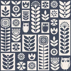  Scandinavisch volkskunst naadloos vectorpatroon met bloemen, planten en uilen op versleten textuur in minimalistische stijl © mindfullness