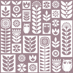 Scandinavian folk art seamless vector pattern with flowers, plants and owls in minimalist style