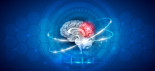 Human brain treatment concept. Abstract blue technology background with cardiogram.