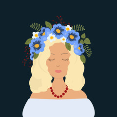 Portrait of a cute girl in a decorative floral wreath on her head. Vector illustration on a dark blue background
