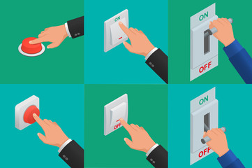 Set of realistic vector hands pressing buttons