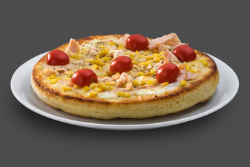 Italian pizza with cherry tomatoes, ham and sweet corn