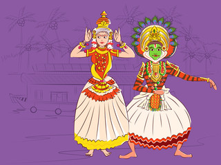 Fototapeta na wymiar Couple performing Kutiyattam classical dance of Kerala, India