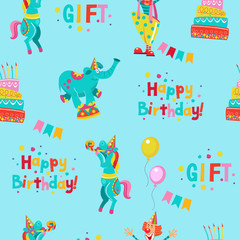 Seamless pattern. Circus animals, circus artists. Bright pattern for printing on textiles, wrapping paper, for registration of a cheerful holiday in honor of birthday or gift packaging.