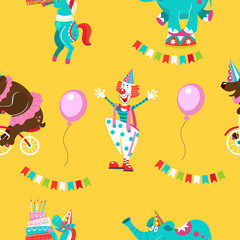 Obraz na płótnie Canvas Seamless pattern. Circus animals, circus artists. Bright pattern for printing on textiles, wrapping paper, for registration of a cheerful holiday in honor of birthday or gift packaging.