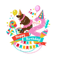Congratulations on your birthday. Invitation to a festive party. 2 years from the date of birth.  Bright colorful clipart. Vector illustration.